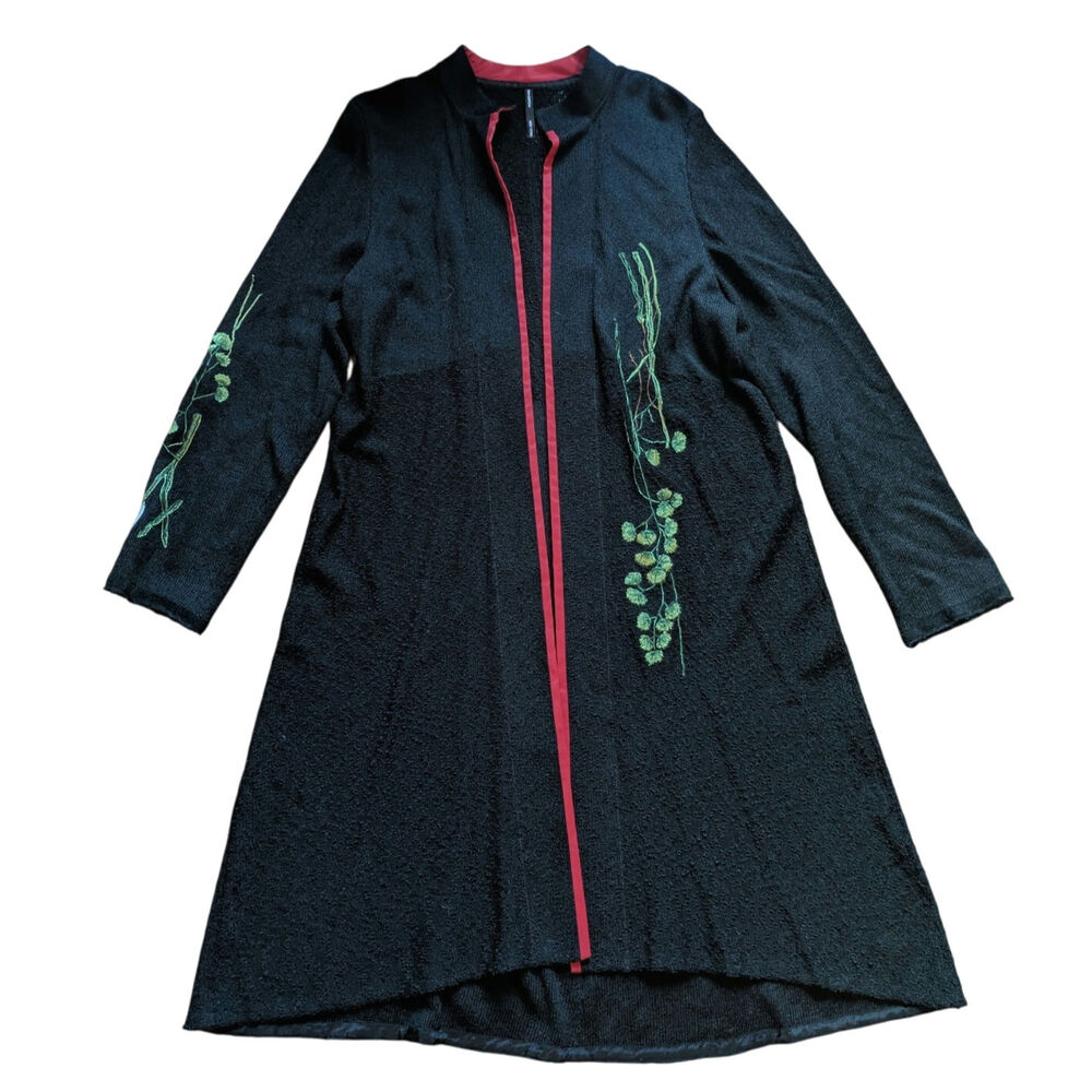 Mina Norton Women's Black Embroidered Chenille Long Cardigan Artsy Boho OS